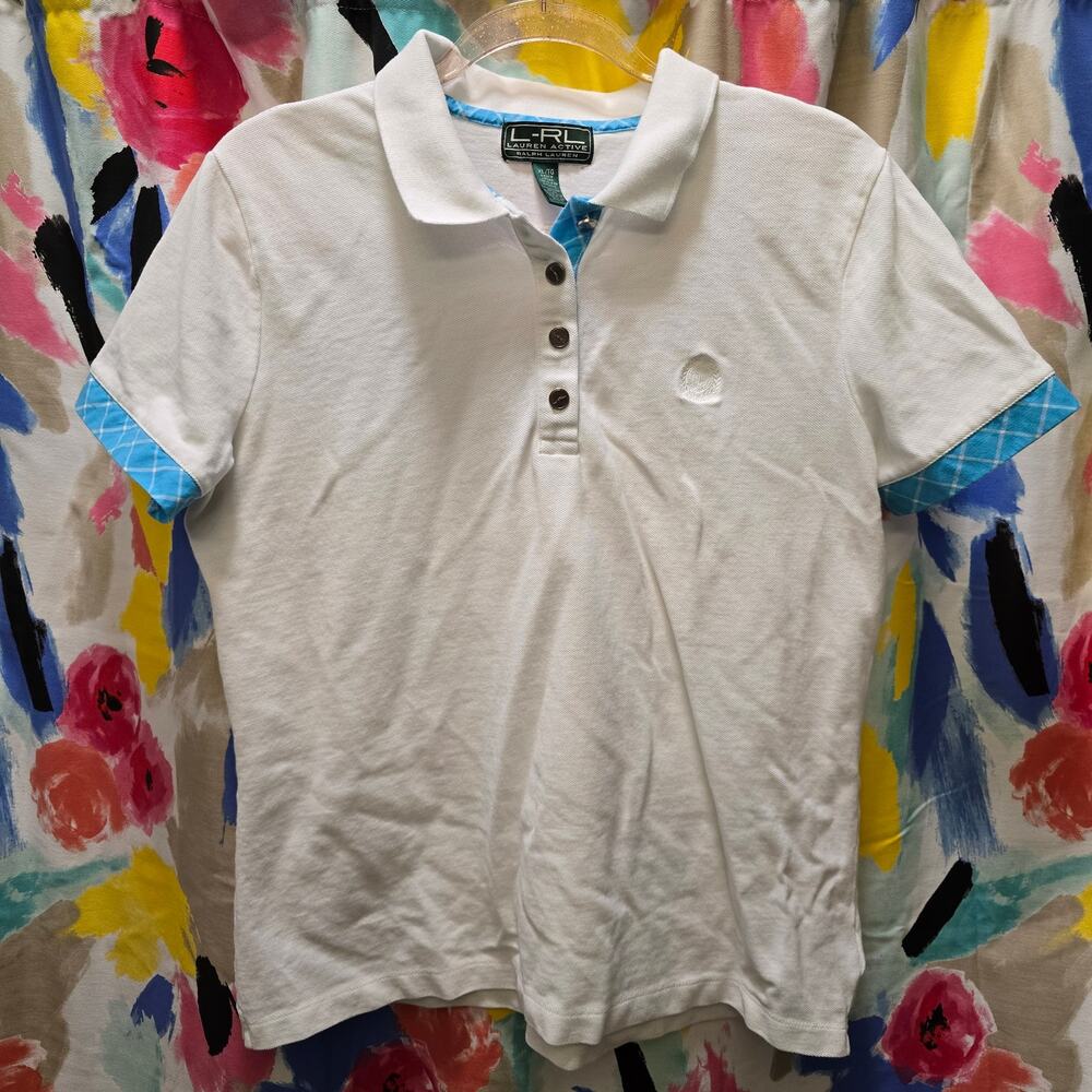 Lauren Ralph Lauren Active‎ woman's white polo shirt blue plaid metal buttons XL